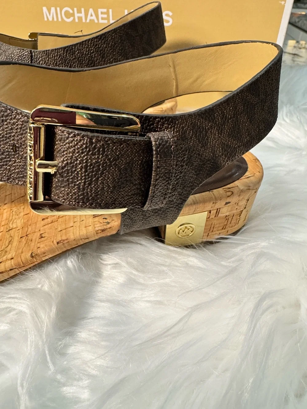 Michael Kors NEW Brown MK Logo Cork Thong Sandals with Gold Buckle